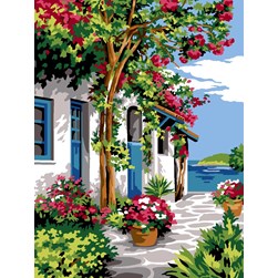 Canevas Margot Terrasse fleurie à la mer