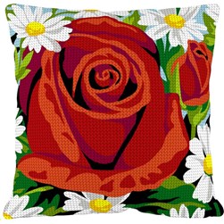 Coussin au demi point SEG La rose rouge au sein des marguerites