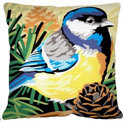 Coussin au demi point SEG La mésange et la pomme de pin