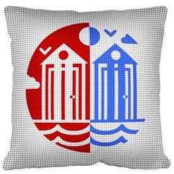 Coussin au demi point SEG Cabine de plage bleu rouge