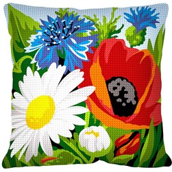 Coussin au demi point Margot Coquelicot, margueritte et bleuet