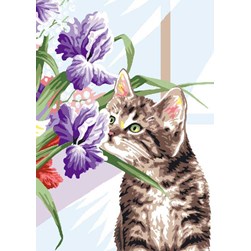 Canevas Luc Création Chat sentant une fleur d'iris