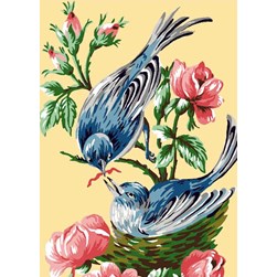 Canevas Luc Création Couple d'oiseaux bleu sur fleurs roses