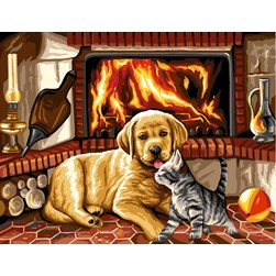 Canevas Rafael Angelot Labrador et chat au coin du feu