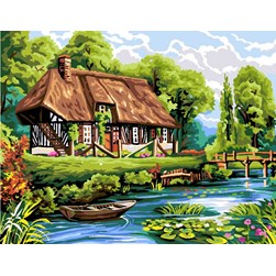 Canevas Rafael Angelot Chaumière normande près de la rivière