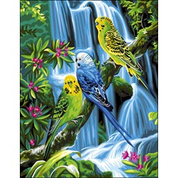 Canevas Rafael Angelot Les 3 perruches à la cascade