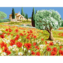 Canevas Rafael Angelot L'olivier dans le champ de coquelicots
