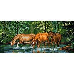 Canevas Luc Création Chevaux se désaltérant dans la forêt