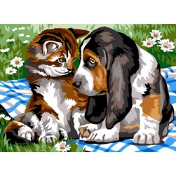 Canevas Margot Le basset et le chaton en pique nique