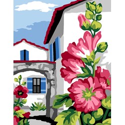 kit Canevas - Petits trous Margot Village aux roses tremières