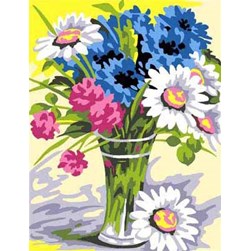 kit Canevas - Petits trous Margot Vase de bleuets et marquerittes