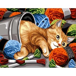 Canevas SEG Le chat roux jouant aves les pelotes