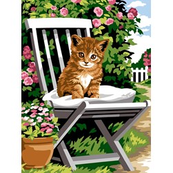 Canevas SEG LE chaton sur la chaise du jardin