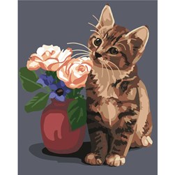 Canevas DMC Chat chocolat et vase de fleur