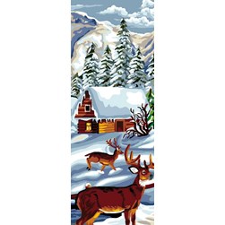 Canevas Luc Création Les rennes à côté du chalet enneigé