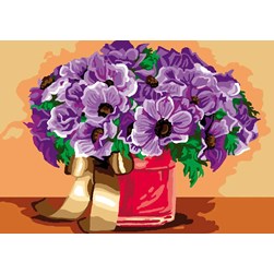 Canevas Luc Création Fleurs viollettes et ruban doré