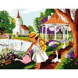 Canevas Luc Création La fillette arrosant les fleurs