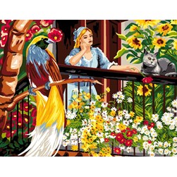 Canevas Luc Création Une femme sur son balcon floral