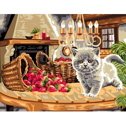 Canevas Luc Création Le chaton gourmand de fraises
