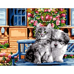 Canevas Luc Création Un chat et un chien sur un banc