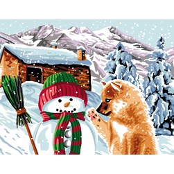Canevas Luc Création Le bonhomme de neige et le chiot