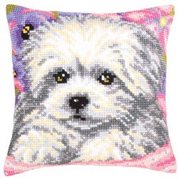 Coussin point de croix Collection d'art Bichon et fleurs pastelles
