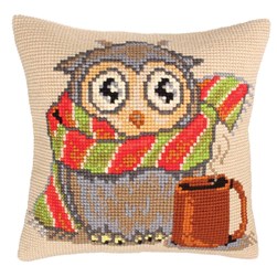 Coussin point de croix Collection d'art Un lait chaud pour une chouette