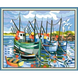 Canevas Claude Charpentier Les trois bateaux de pêches amarés