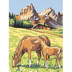 kit Canevas - Petits trous Luc Création Chevaux broutant l'herbe montagnarde