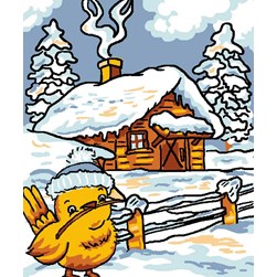 kit Canevas - Petits trous Luc Création Le poussin du chalet enneigé