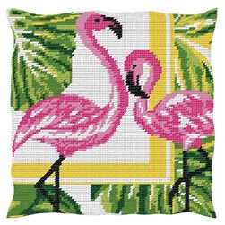Coussin au demi point Luc Création Noblesse de flamant rose
