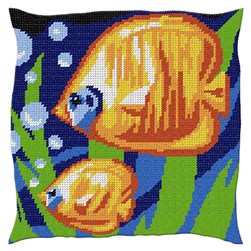 Coussin au demi point Luc Création Les poissons tropicaux jaunes