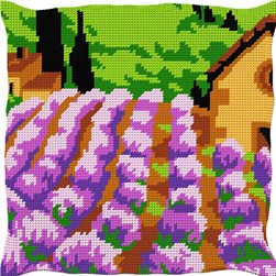 Coussin au demi point Luc Création Couleur champ de lavande