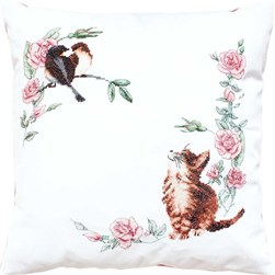 Coussin broderie Point de Croix Luca-S Un chat et 2 oiseaux