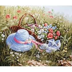 kit Point de croix Luca-S Le pnier fleuri au chapeau bleu
