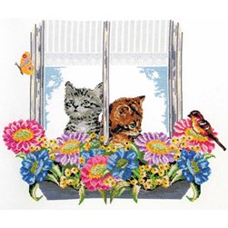 kit Point de croix Marie Coeur Chats regardant à la fenêtre