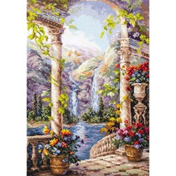 kit Point de croix Magic Needle Le patio au coeur de la montagne