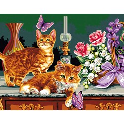 Canevas Mimo Verde Deux chats près des rose et muguet