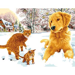 Canevas Mimo Verde Labrador et chaton dans la neige