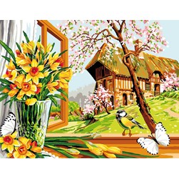 Canevas Mimo Verde Vue sur la chaumière au printemps