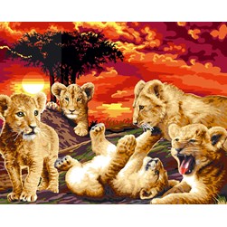 Canevas Mimo Verde Petit groupe de lionceaux joueurs