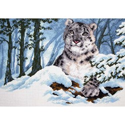 Broderie imprimée aïda Collection d'art Le léopard des neiges attentif