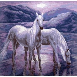 Broderie imprimée aïda Collection d'art Duo de chevaux blanc à l'aurore