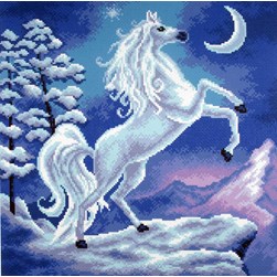 Broderie imprimée aïda Collection d'art Cheval blanc se cabrant au clair de lune