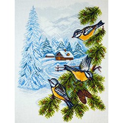 Broderie imprimée aïda Collection d'art Les mésanges du chalet enneigé