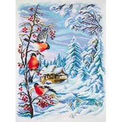 Broderie imprimée aïda Collection d'art Les bouvreuils du chalet enneigé