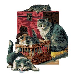 kit Point de croix Luc Création Chatte et ses chatons et la malle