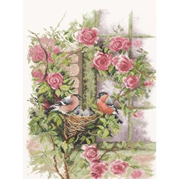 kit Point de croix Lanarte NESTING BIRDS IN RAMBLER ROSE sur etamine