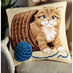 Coussin point de croix Vervaco Chat et pelote de laine bleue