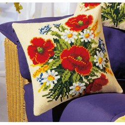 Coussin point de croix Vervaco Coquelicots et Pâquerettes